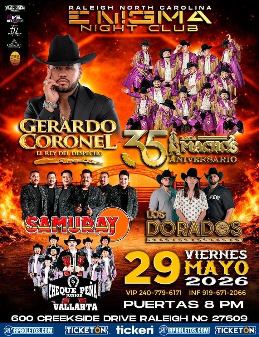 Gerardo Coronel "El Jerry"-Banda Machos-Samuray-Los Dorados-Cheque Peña Jr-Enigma Night Club-Raleigh NC