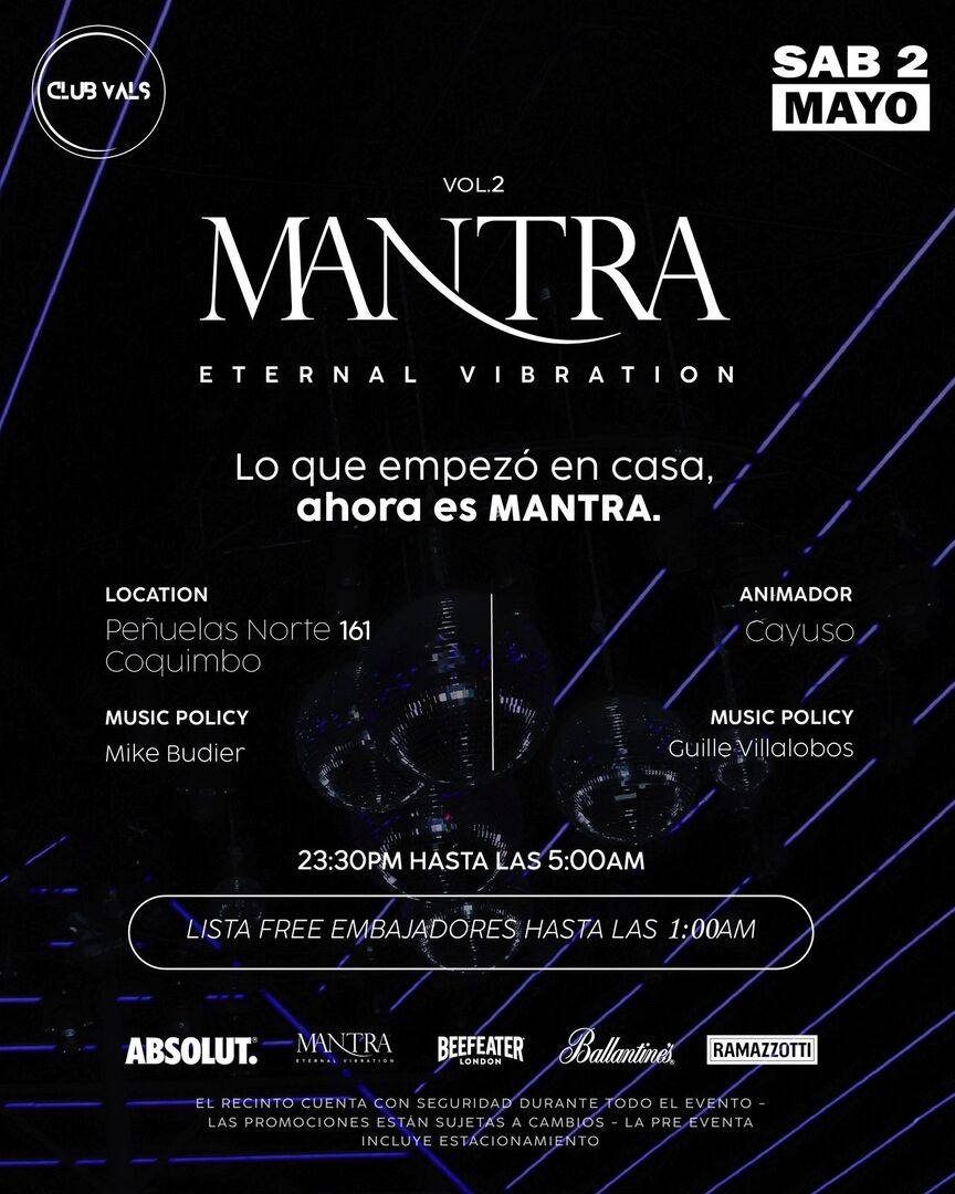 MANTRA VOL.2🪩 - Sábado 02 de mayo 2026 📍Club Vals 🪩💃 ⚠️Nos Reservamos el derecho de admisión⚠️ 🚺🚹 +18 AÑOS