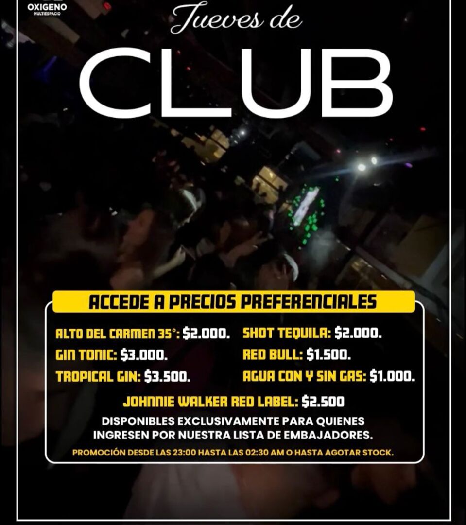 JUEVES 08 ENERO 2026☀️🌴JUEVES DE CLUB O2 💎PRECIOS PREFERENCIALES 🍻🍹PARA MIEMBROS DEL CLUB 💎EMBAJADORES FRIENDS💎  INGRESO CON QR STOP 00 AM ⚠️NOS RESERVAMOS EL DERECHO DE ADMISION⚠️ 🚹🚺+18 AÑOS