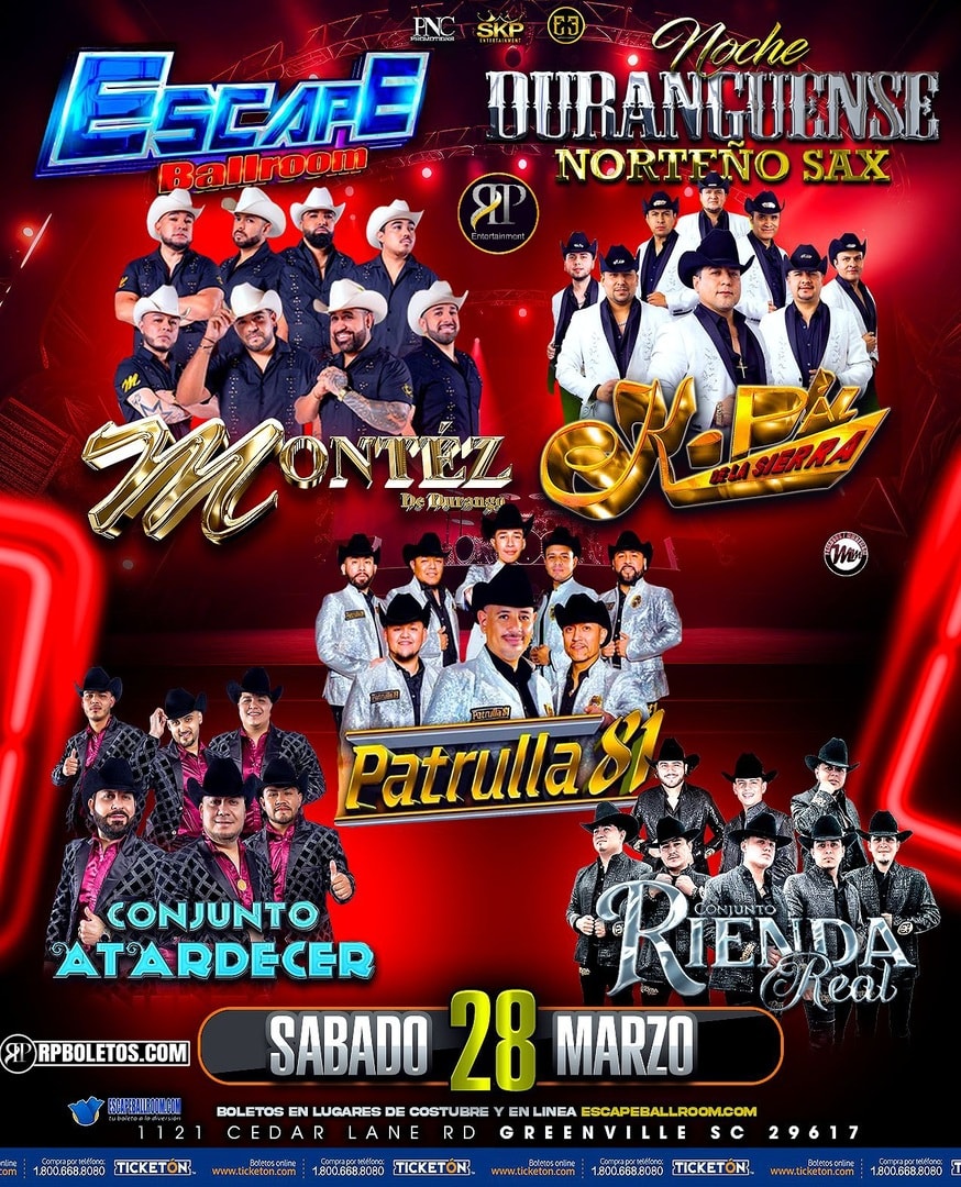 Montez De Durango-K Paz-Patrulla 81-Conjunto Atardecer-Rienda Real-Escape Ballroom-Greenville-SC
