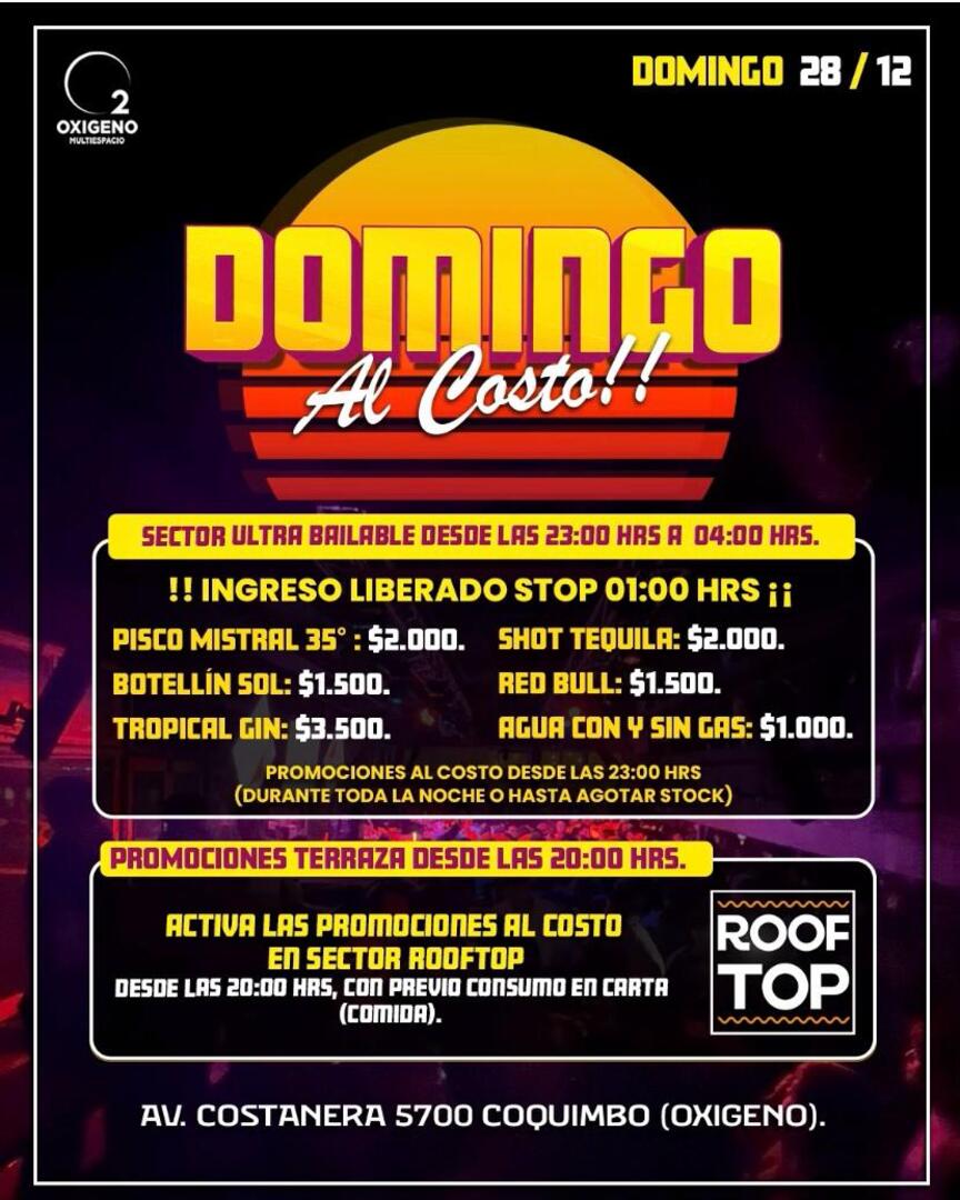 DOMINGO 28 DICIEMBRE🌅 DOMINGO AL CO$TO🥃🍸🍹‼️SUNSET EXTENDED☀️🏖️ + ULTRA BAILABLE HASTA LAS 04 AM💃🪩 INGRESO GRATIS HASTA LAS 01 AM‼️⚠️NOS RESERVAMOS EL DERECHO DE ADMISIÓN⚠️🚹🚺+18 