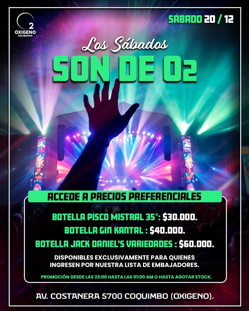 SÁBADO 20 DICIEMBRE🪩 LOS SÁBADOS SON DE O2🍾🪭💃PROMOCIÓN EN BOTELLAS SELECCIONADAS🍾 📲INGRESO CON QR STOP 00:30 AM⚠️NOS RESERVAMOS EL DERECHO DE ADMISIÓN⚠️ 🚺🚹+21