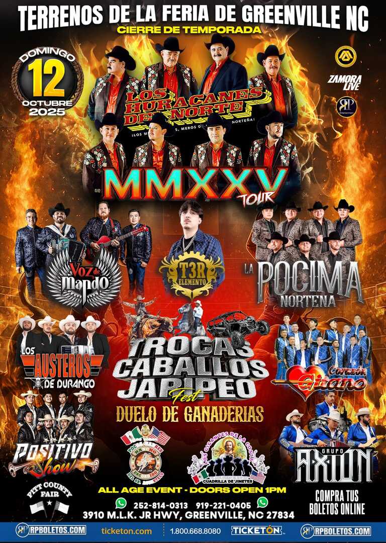 Huracanes-Voz de Mando-Pocima-Austeros-T3rcer Elemento-Corazon Gitano-Positivo Show-Axion-Greenville NC